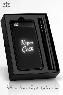 MELL & SWIPE Kişiye Özel İsim Baskılı Kalem Işıklı İsme Özel Baskılı Powerbank 10000mAh Business Set Hızlı Şarj Öğretmenler Günü Hediyesi