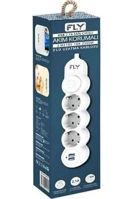 FLY 3'LÜ 2MT ANAHTARLI 2 USB'Lİ AKIM KORUMALI PRİZ