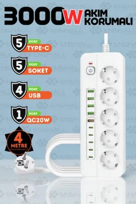 Enshall PRO P13 3000W Akım Korumalı 5 Girişli Type-c ve USB Girişli Uzatmalı Grup Priz 4 Metre