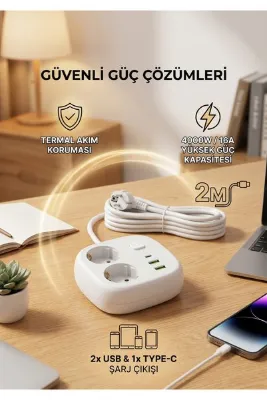 ZEYar Teknoloji Hi-Link 2 Prizli 2 USB ve 1 Type-C Çıkışlı Termal Akım Korumalı Uzatma Kablosu 2 Metre Beyaz 4000W 16A