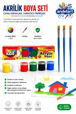 andelart 3 Adet Fırça Akrilik Boya. Çocuk Resim Seti Yağlı Boya, Guaj, Sulu Boya Fırçası