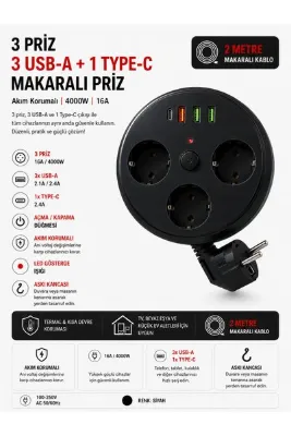 SMAYLİNG Akım Korumalı Makaralı Priz 3 Priz 3 USB-A 1 Type-C 2 Metre Kablo 4000W 16A Açma Kapama Düğmeli Siyah