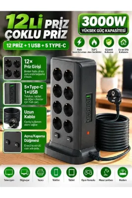 VEROXA BKL-336 12’li Priz Çoklayıcı 3000W 5 Type-C + 1 USB Şarjlı Uzun Kablolu
