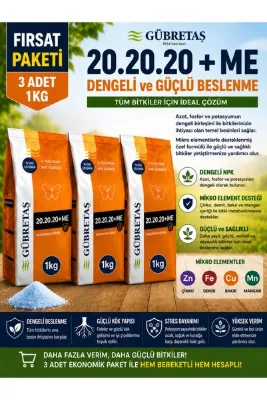 GÜBRETAŞ 3 Adet 20.20.20+Me 1kg - Avantajlı Paket ( Klorsuz Yaprak-Damlama Gübresi)