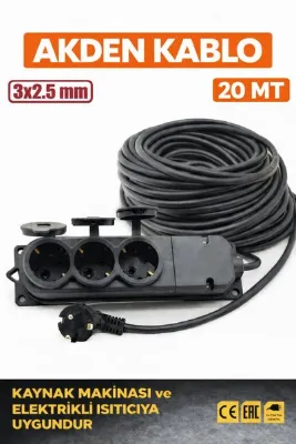 AKDEN Kablo 20 Metre 3x2,5mm 3*Lü Uzatma Kablosu Tam Kesit Kaynak Makinası Kullanıma Uygundur