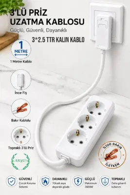 Aryes 3’lü 1 Metre Uzatma Prizi 3x2,5 mm² TTR Kalın Bakır Kablolu İnce Fişli Topraklı – 3680w