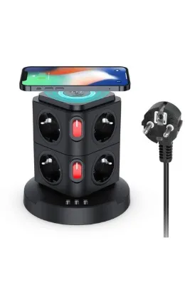 SMAYLİNG Masa Üstü Kablo Toplayıcı 8x Priz 3x Usb Ve Wireless Kablosuz Şarj 2 Metre Kablo Uzunluğu