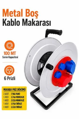 Badem10 Metal Kablo Sarma Makarası 100 MT Kapasiteli 6 Prizli Boş Makara Uzatma Kablosu Sanayi Tipi