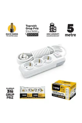 SGS Sgs3481 Grup Priz Topraklı Anahtarlı Üçlü 5 Metre, Üçyol, Uzatma Kablosu
