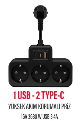 EXENAR Çoklu Kablolu Priz -Priz Çoğaltıcı-Priz Dönüştürücü 1USB - 2Type-C Girişli Yüksek Akım Korumalı Fiş