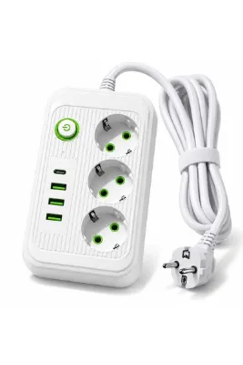 mr shopping MR 3’lü Akım Korumalı Priz – 3 USB-A + Type-C Çıkışlı, Açma/Kapama Tuşlu, 2 Metre Kablolu 2500W Çoklu Priz