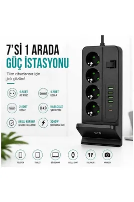 mr shopping MR 7’si 1 Arada Akıllı Çoklu Priz – 4 AC Priz, 4 USB-A, 2 USB-C, Kablosuz Şarj, 3000W, 2 Metre Kablo