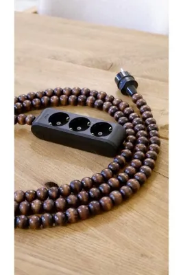 roas home Ahşap Boncuklu Bohem İç Mekan Uzatma Kablosu | Siyah (3 mt / 3lü Priz)