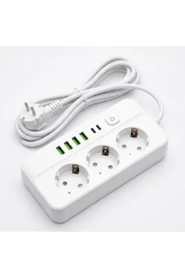leeways Akım Korumalı Grup Priz 4 USB'li ve 2 TYPE-C li 3'lü 2 m Uzatma Kablosu Beyaz