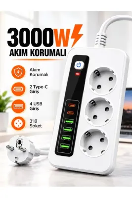 Moxti 3000W Akıllı 3'lü Priz USB' li Uzatma Kablo - 4 USB + 2 Type-C Hızlı Şarj 2 Metre Isı Dayanıklı Kalite