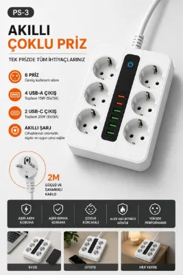 SAYMOND 6 Prizli Akıllı Uzatma Kablosu – 4 USB-A + 2 Type-C Hızlı Şarj Çıkışlı Akım Korumalı , 2 Metre Kablo
