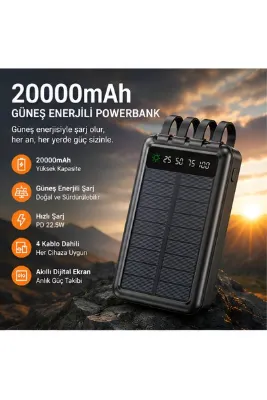 KOCH TECH 20000mAh Güneş Enerjili Powerbank 22.5W PD Hızlı Şarj, 4 Dahili Kablo, Dijital LED Ekran, Güneş Paneli, Lightning Type-C Micro USB ve USB Çıkışlı, Telefon Tablet Kamp Seyahat Taşınabilir Şarj Cihazı