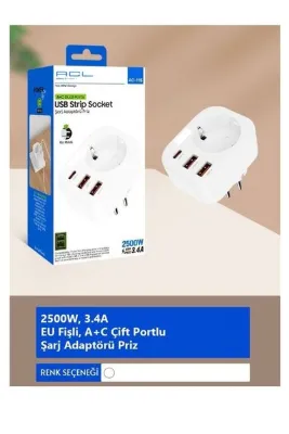 ACL AC-115 2500W 3.4A 2 usb-A 1 type-C 1 soket Akım Korumalı Şarj Adaptörü Priz Çoğaltıcı