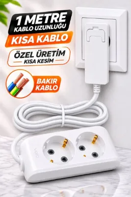 Aryes 2’li Uzatma Kablosu 1 Metre Slim İnce Fiş 3x1,5 TTR Bakır Kablo Çocuk Korumalı Topraklı Priz