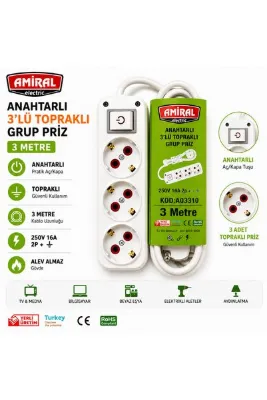 Amiral electric Topraklı Ara Kablosu Grup Priz Anahtarlı 3 metre Kablolu Üçyol