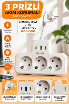 Happy Owl 10 cm Kablolu Akım Korumalı 3'lü Priz 4000W 16A – 1 USB 2 Type-C Girişli 0.1 Metre Kablolu Priz Çoğaltıcı Beyaz