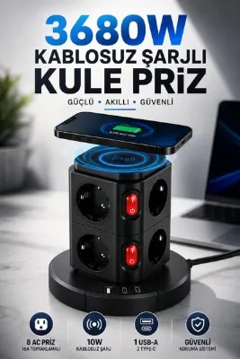 Merwish Kablosuz Şarjlı Uzatma Kule Priz 3680W 16A 230V, 8 Topraklamalı AC Priz, 10W Qi Şarj, 1 USB-A ve 2 Type-C Masaüstü Çoklu Priz