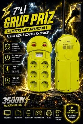 Ecuy 6'lı Grup Priz 1.5 Metre Çift Anahtarlı Akım Korumalı Uzatma Kablosu 16A 250V Ev Ofis Tipi 6 Prizli