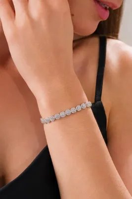 Tmt Silver Gümüş Yuvarlak Beyaz Zirkon Taşlı Pırlanta Modeli Rodyumlu Su Yolu Bileklik