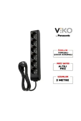 VİKO Altılı Çoklu Priz, Topraklı, Uzatma Kablosu, 6lı, 2m, Siyah