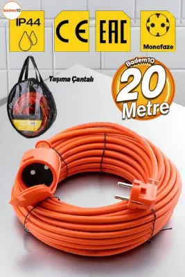 Badem10 Cca Uzatma Kablosu 20 Metre 3x2.5 Mm Tekli Grup Fiş Priz Kapaklı Monofaze Ev Tipi Topraklı Kablolu