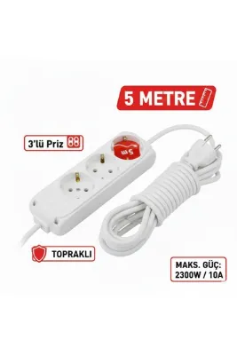 Lunitech 5 Metre Kablolu Topraklı Ara Kablosu Uzatmalı Seyyar 3lü Grup Priz