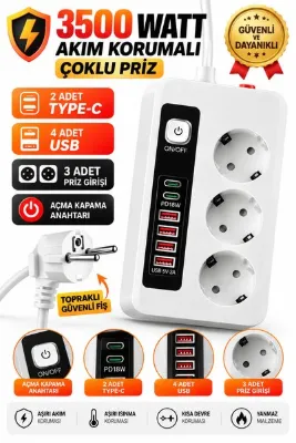 SAYMOND 3 Prizli Akıllı Uzatma Kablosu – 4 USB-A + 2 Type-C Hızlı Şarj Çıkışlı Akım Korumalı , 2 Metre Kablo