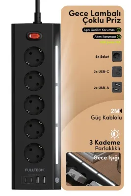 ekovolt FTR-26 Akım Korumalı Priz Siyah 9’lu (5 Priz + 2 USB-A + 2 USB-C) 3680W 16A, 2 Metre Kablol