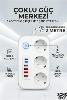 sonx 2500W Çoklu Priz 2 METRE – 3’lü AC Priz +5 USB Çıkışı AKIM KORUMALI Alev Almayan Gövde,