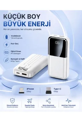MATECHNO Mini 10.000 mAh 22,5W PD Hızlı Şarjlı Powerbank Dahili Type-C ve Lightning Kablolu Dijital Göstergeli Çoklu Çıkışlı Taşınabilir Şarj Cihazı