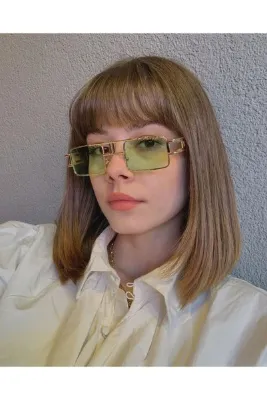 LOOKUP NEW Unisex Kadın Erkek Uv400 Korumalı Kare Dikdörtgen Yeşil Gold Metal Yeni Sezon Güneş Gözlüğü
