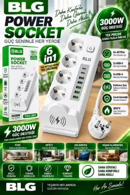 BLG ELEKTROİNK 2 Metre 4'lü Akım Korumalı Priz, 4 Usb Girişli ve Kablosuz Wireless Şarj Özellikli Çoklayıcı Akıllı Priz