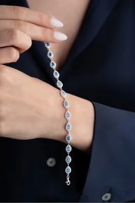 Silvano Jewelry 925 Ayar Gümüş Su Yolu Damla Aqua Taşlı Bileklik