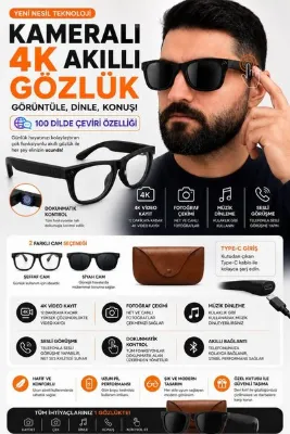 asf teknoloji 4K Kameralı-100 Dilde Çeviri-Yapay Zeka Destekli-Video ve Fotoğraf Çekimi Çift Polarize Camlı Akıllı Gözlük