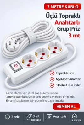 FIRSAT YOLU Üçlü Topraklı Anahtarlı Grup Priz 3 Metre