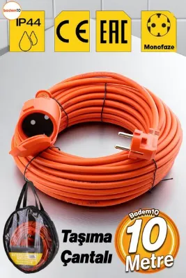 Badem10 Uzatma Kablosu 10 Metre 3x2.5 Mm Kapaklı Monofaze Ev Tipi Topraklı Cca Kablolu Tekli Grup Fiş Priz