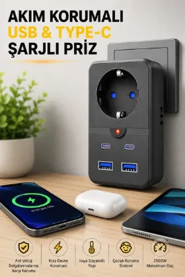 Montbell Akım Korumalı Priz Çoklayıcı 2 USB 2 Type-C Hızlı Şarj Adaptörü Termal Korumalı 2500W