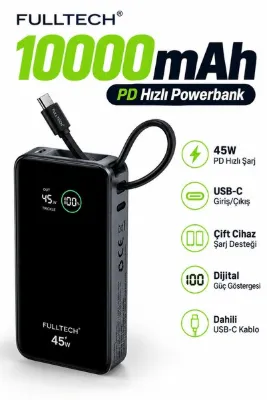 Fulltech 10000 mAh 45W PD Hızlı Şarj Powerbank – Dahili Type-C Kablolu, Dijital Göstergeli, Çift Cihaz Şarj Destekli