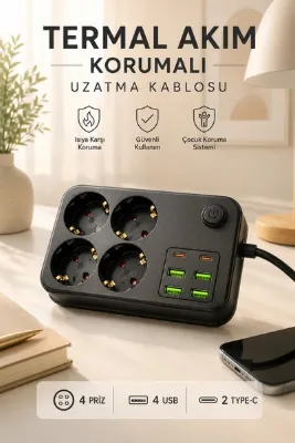 Montbell Termal Akım Korumalı Uzatma Kablosu 4 Priz 4 USB 2 Type-C 2500W Anahtarlı Çoklu Priz 2 Metre
