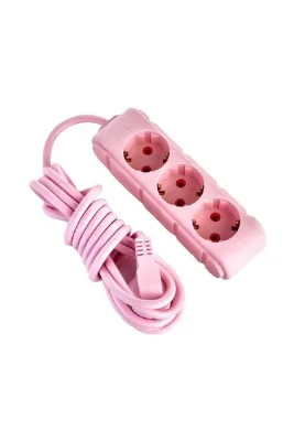 Pembe Renkli Topraklı Kablolu Üçlü Grup Priz 5 Metre