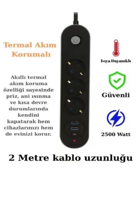 Blic Termal Akım Korumalı 2500 Watt 3lü Priz 1usbc 2usb 2mt Kablo Aç Kapa Anahtar