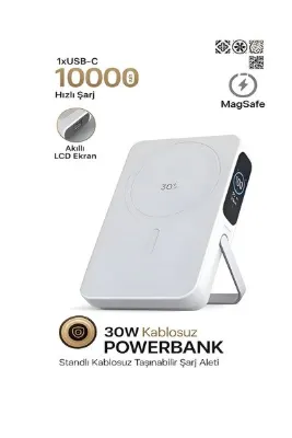 DEANB 10000mAh MagSafe Kablosuz Powerbank 30W Hızlı Şarj Dijital Ekranlı Type-C Taşınabilir Beyaz
