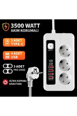 SMAYLİNG 3500W Akım Korumalı 3’lü Priz | 2 Type-C + 4 USB Girişli | Açma Kapama Anahtarlı | 2 Metre Kablolu
