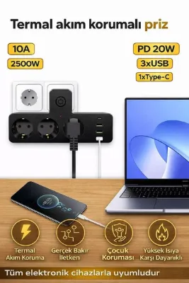 Neler Geldi Neler Termal Akım Korumalı 3 Priz / 3 Usb / 1 Typec 20w Girişli 2500W Duvar Tipi 3 Lü Priz