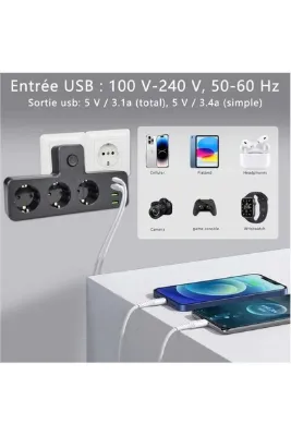 Akım Korumalı Çoklu Priz, 3 Adet USB 1 Adet Type-C Girişi, 3 Adet Priz Girişi, 2500W Termal Koromalı